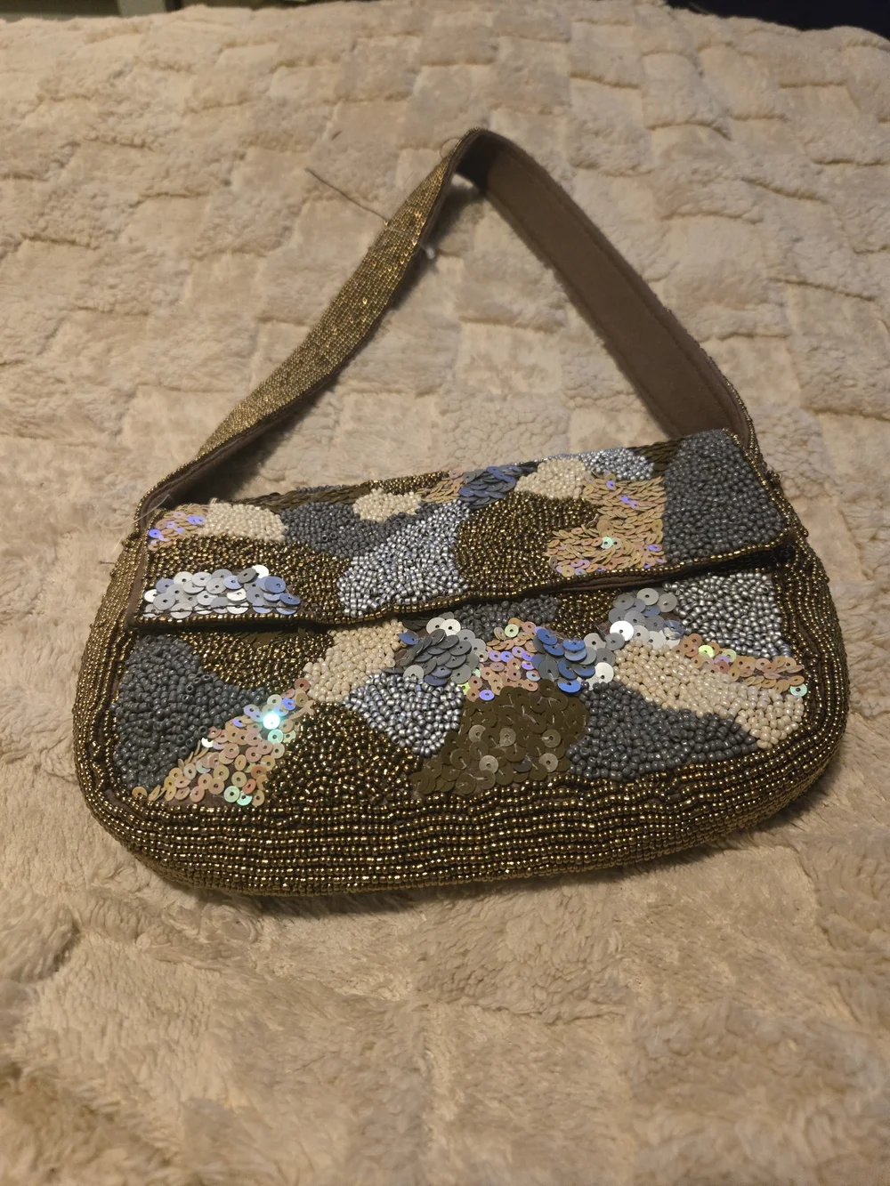 Beaded Sequin Shoulder Bag in Gold and Gray